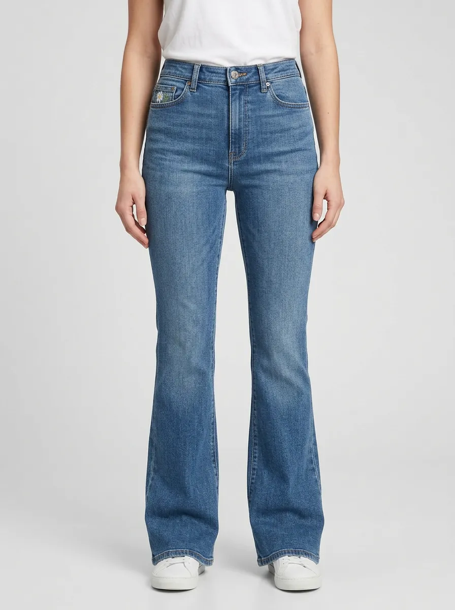 Women's Daisy Coin-Pocket Embroidered Contrast-Stitch Flare Jeans