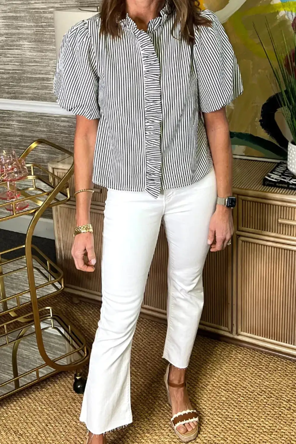 Striped Ruffle Bubble Short Sleeve Shirt