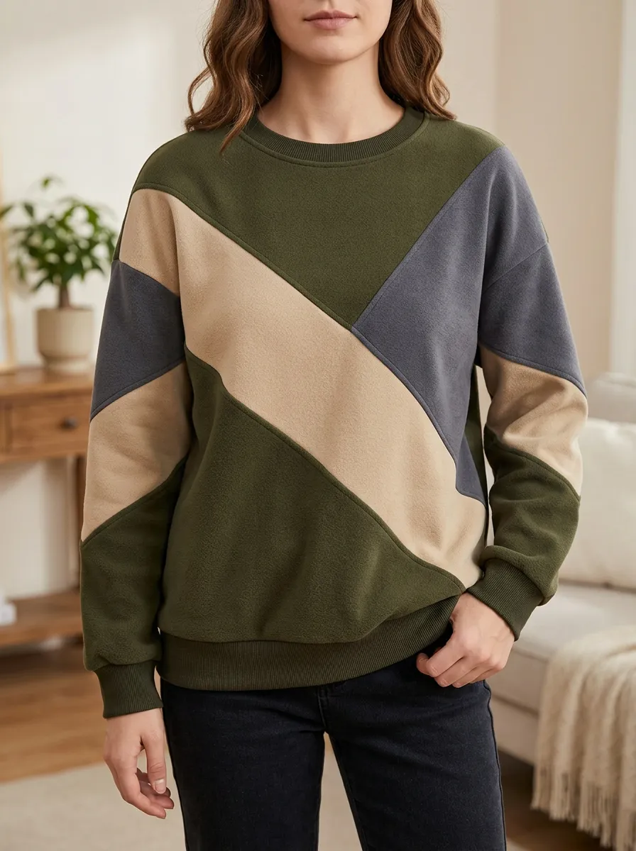 Women's Olive Multi-Color Colorblock Crewneck Sweatshirt