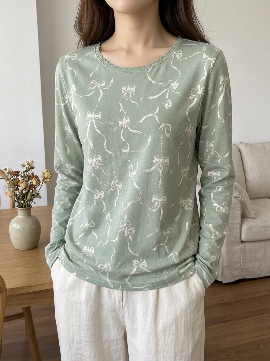 Women's Soft Everyday Sweet Style Sage Bowknot Printed Long Sleeve T-shirt