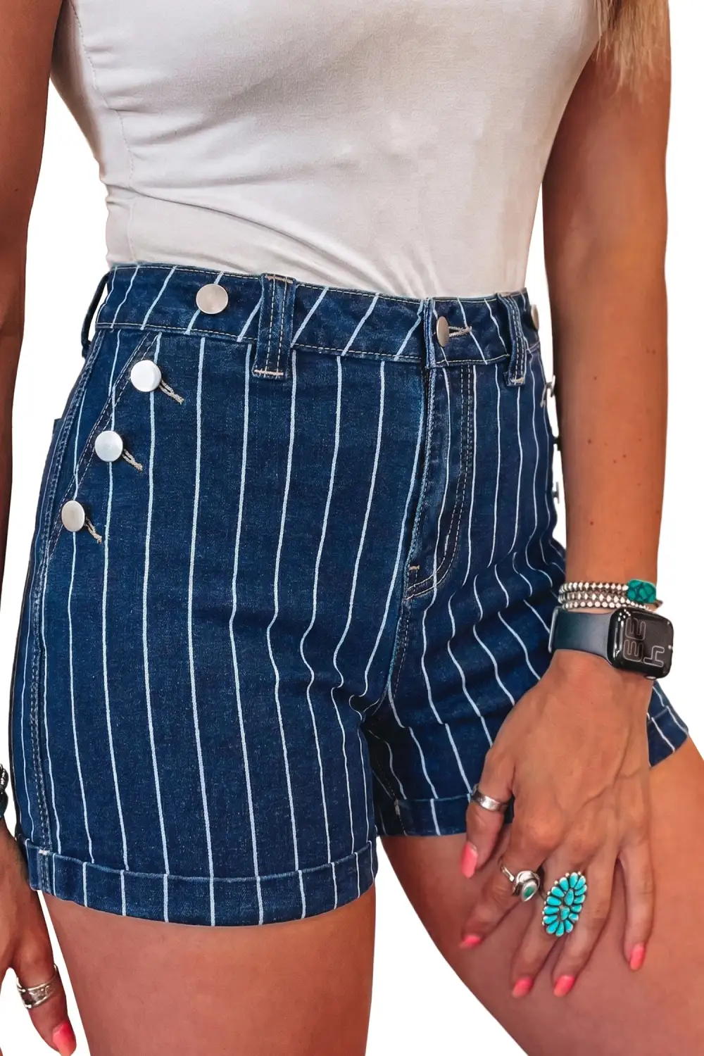 Button-Detail Striped Denim Shorts