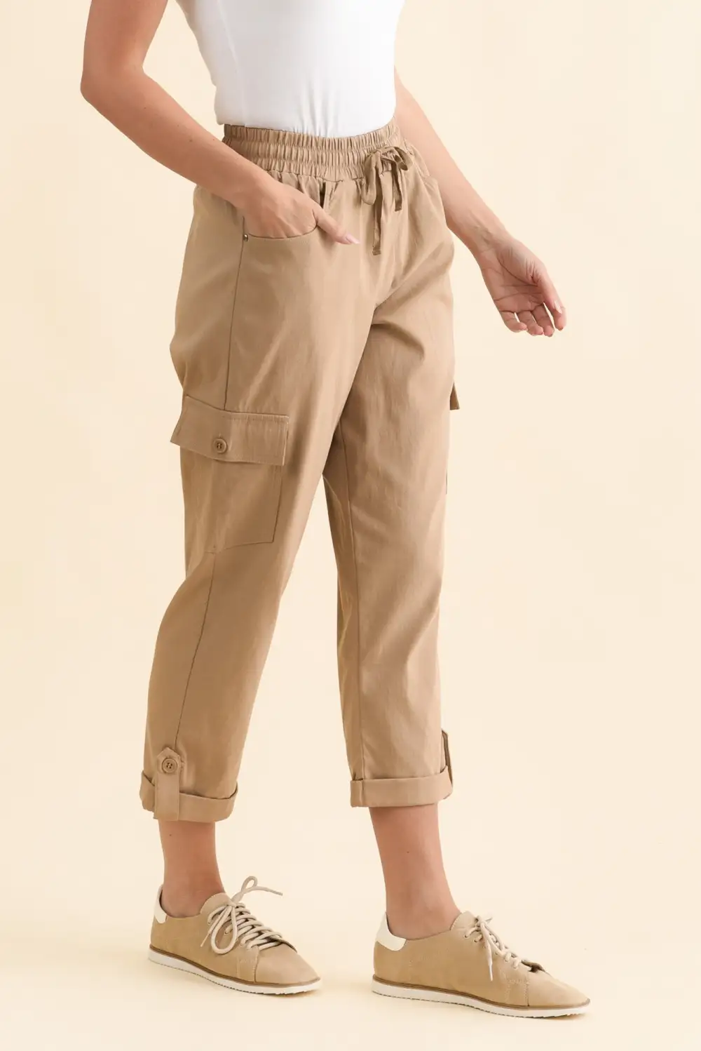 High Rise Cargo Pants With Elastic Waist And Drawstring