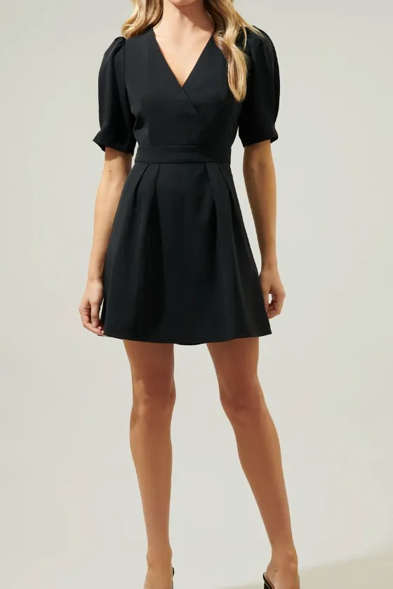 Black Puff Sleeve Belted Mini Dress