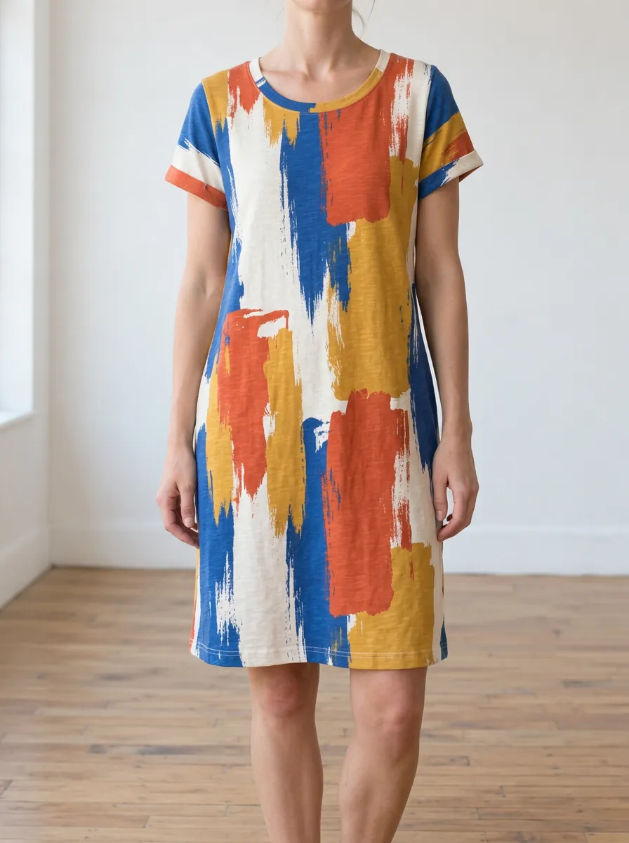 Women's Brushstroke Print Crew Neck T-Shirt Dress
