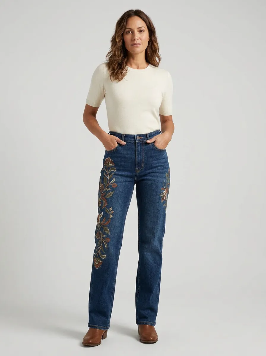 Women's Dark Wash Cactus Floral Embroidered High-Rise Straight Leg Jeans