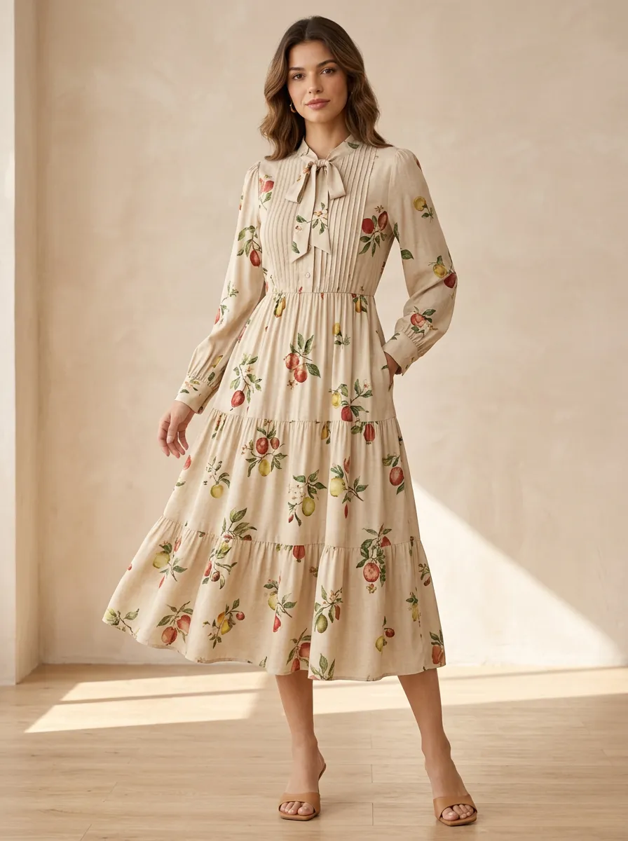 Women's Vintage Inspired Retro Detail Botanical Fruit Printed Midi Dress