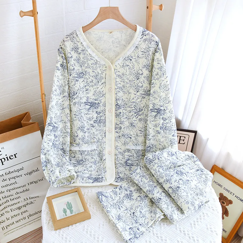 Cotton Allover Print Lace Pajama Set