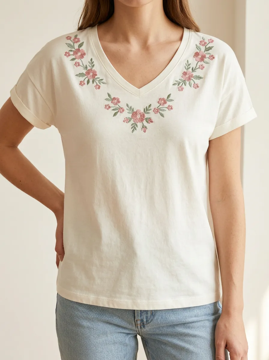 Modern Casual V Neck Floral Print Women's Short Sleeve Tee