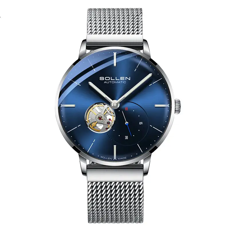 Sollen SL305X Men's Open Heart Automatic Mechanical Watch - 42mm Stainless Steel Case Slim 9.9mm Small Seconds Minimalist Dial Wristwatch