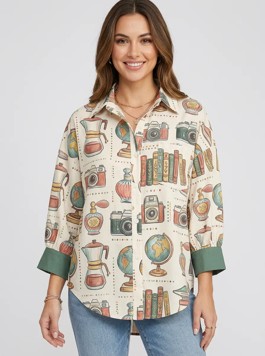 Women's Travel Hobbyist Globe Camera Book Printed Shirt