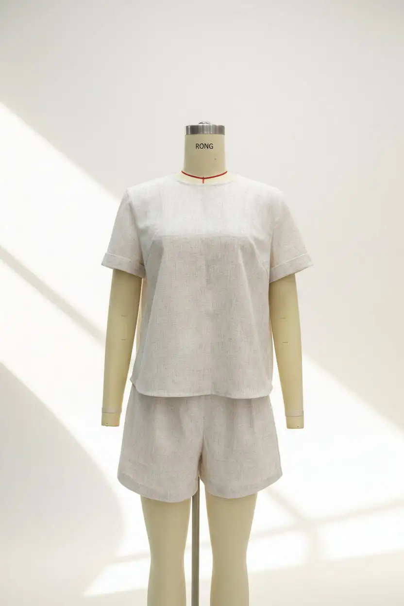 Elastic-Waist Short-Sleeve Linen Women's Matching Set