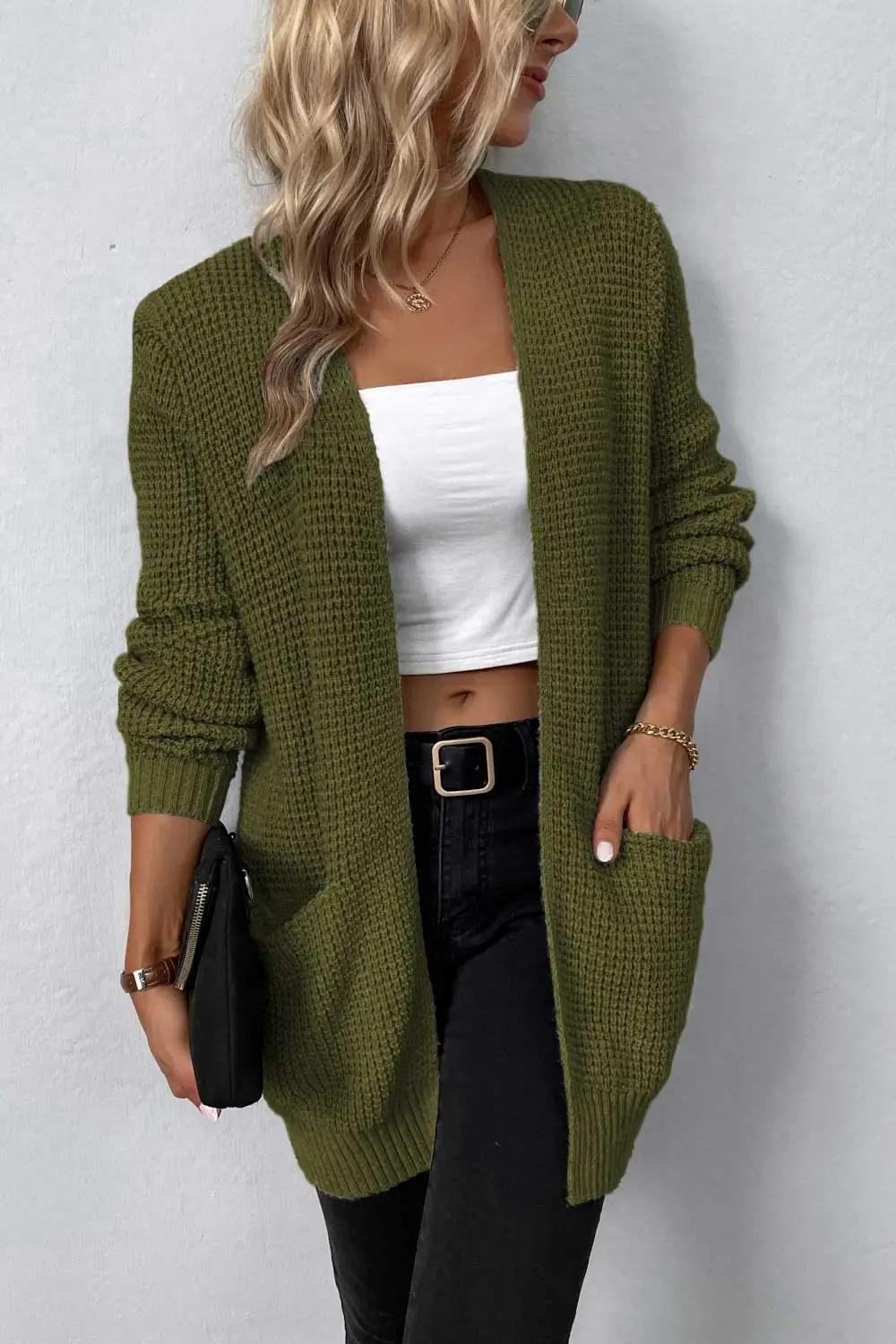 Rib-Knit Open-Front Pocketed Cardigan