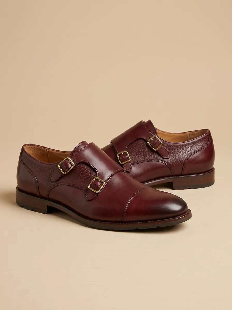 Men's Double Monk Strap Embossed Leather Shoes