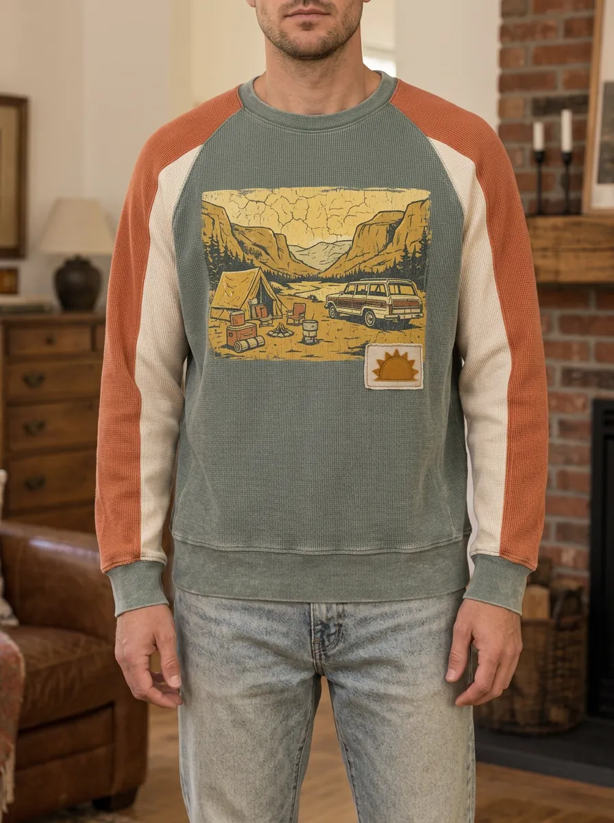 Men's Camping Adventure Retro Car Printed Waffle Knit Sweatshirt