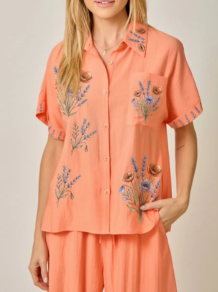 Women's Floral Lover Poppy Lavender Printed Button-up Shirt