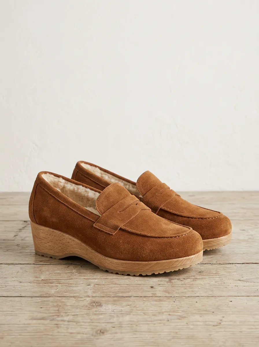 Women's Outdoor Faux Fur Lined Casual Suede Wood Sole Loafers