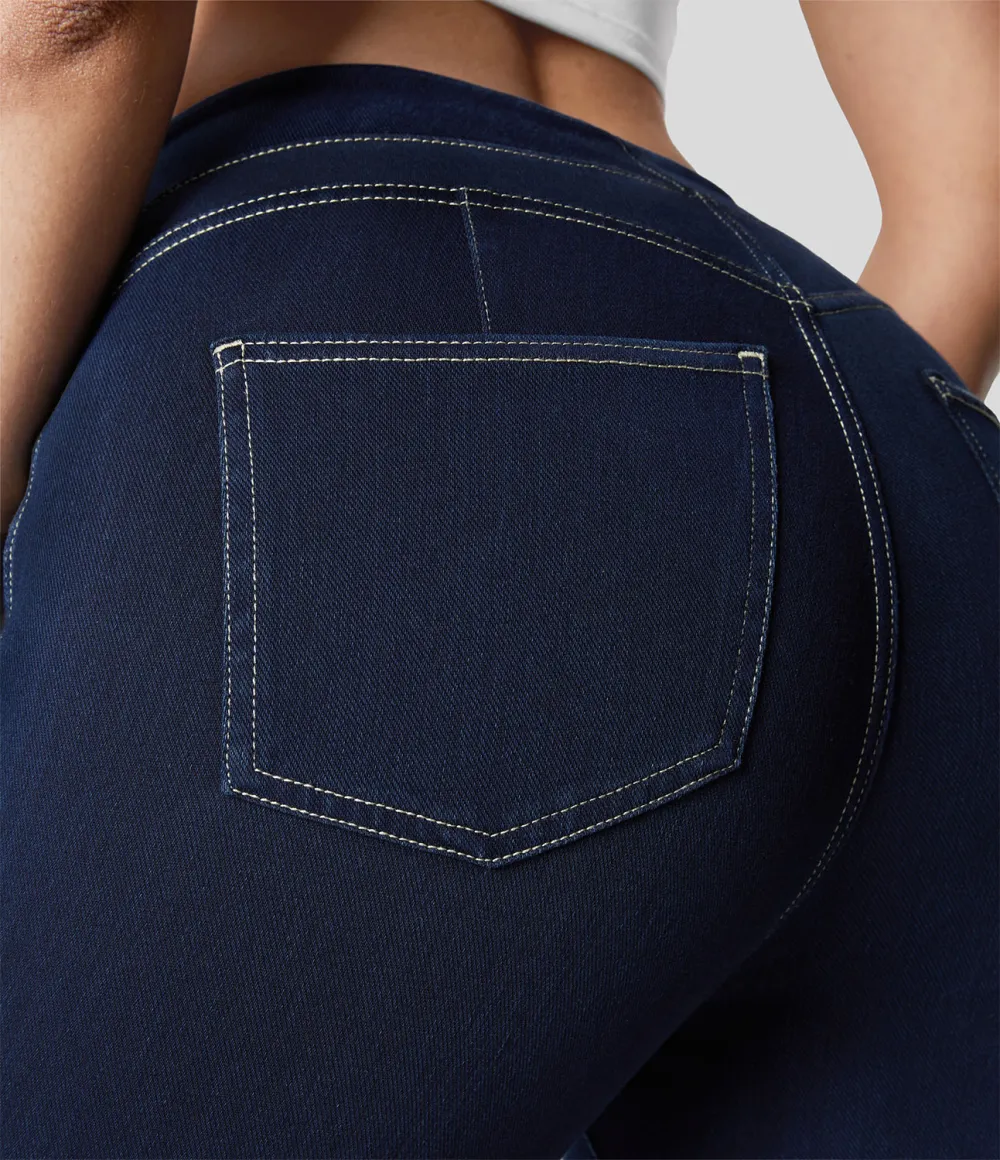 Magic Curvy High Waisted Decorative Button Multiple Pockets Stretchy Knit Denim Casual 7/8 Leggings