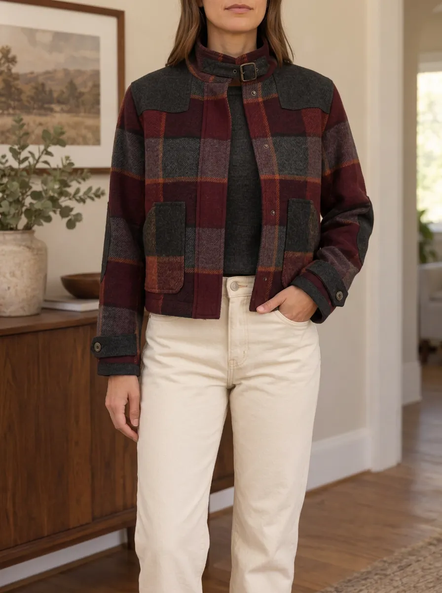 Women's Plaid Buckle Plaid Stand Collar Cropped Jacket