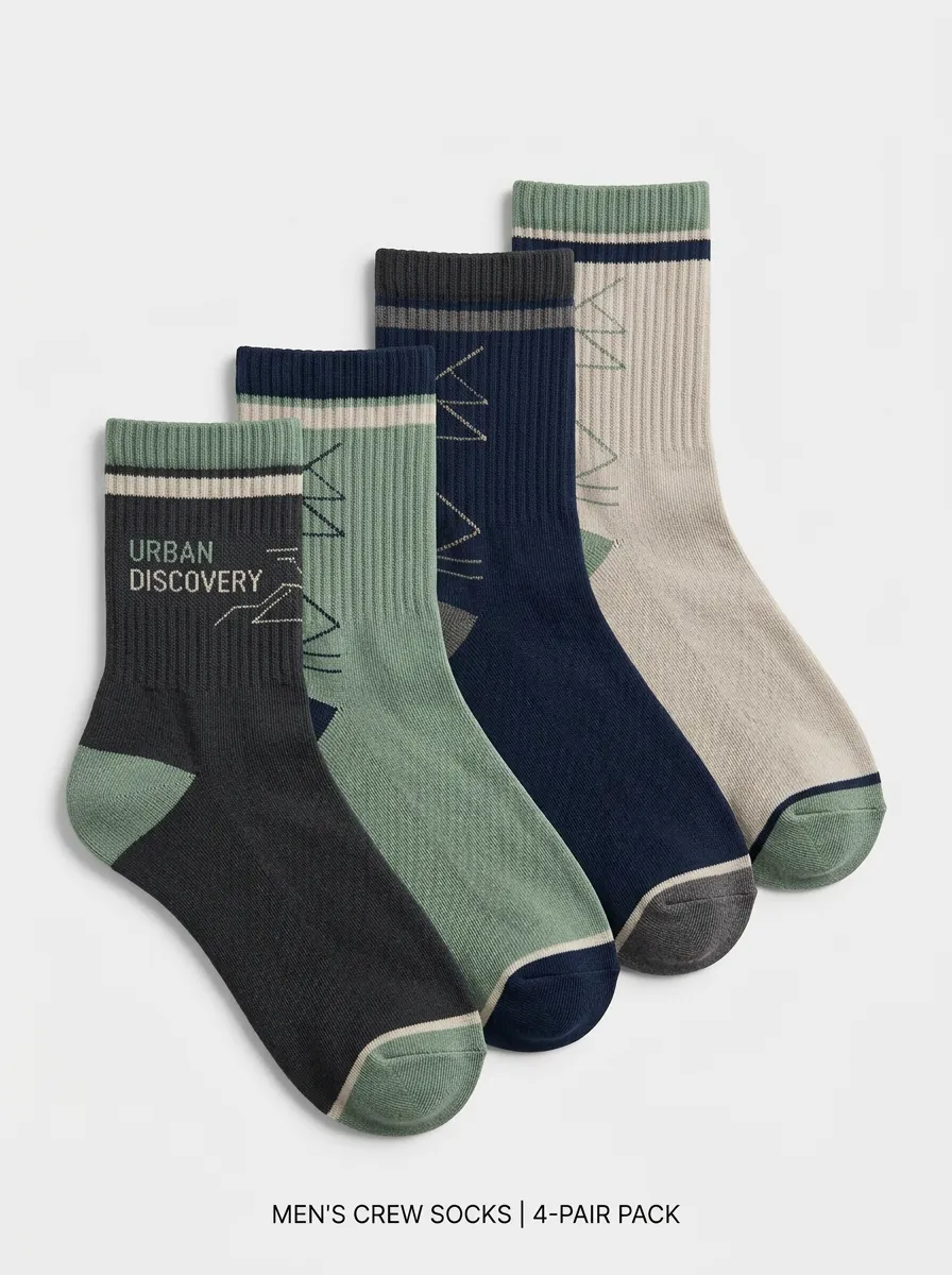 Men's Crew Socks Four-Pair Pack with Mountain Motif Striped Ribbed Texture Crew Length