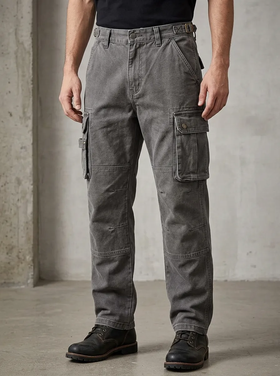 Men's Casual Outdoor Multi-Pocket Washed Grey Cargo Pants