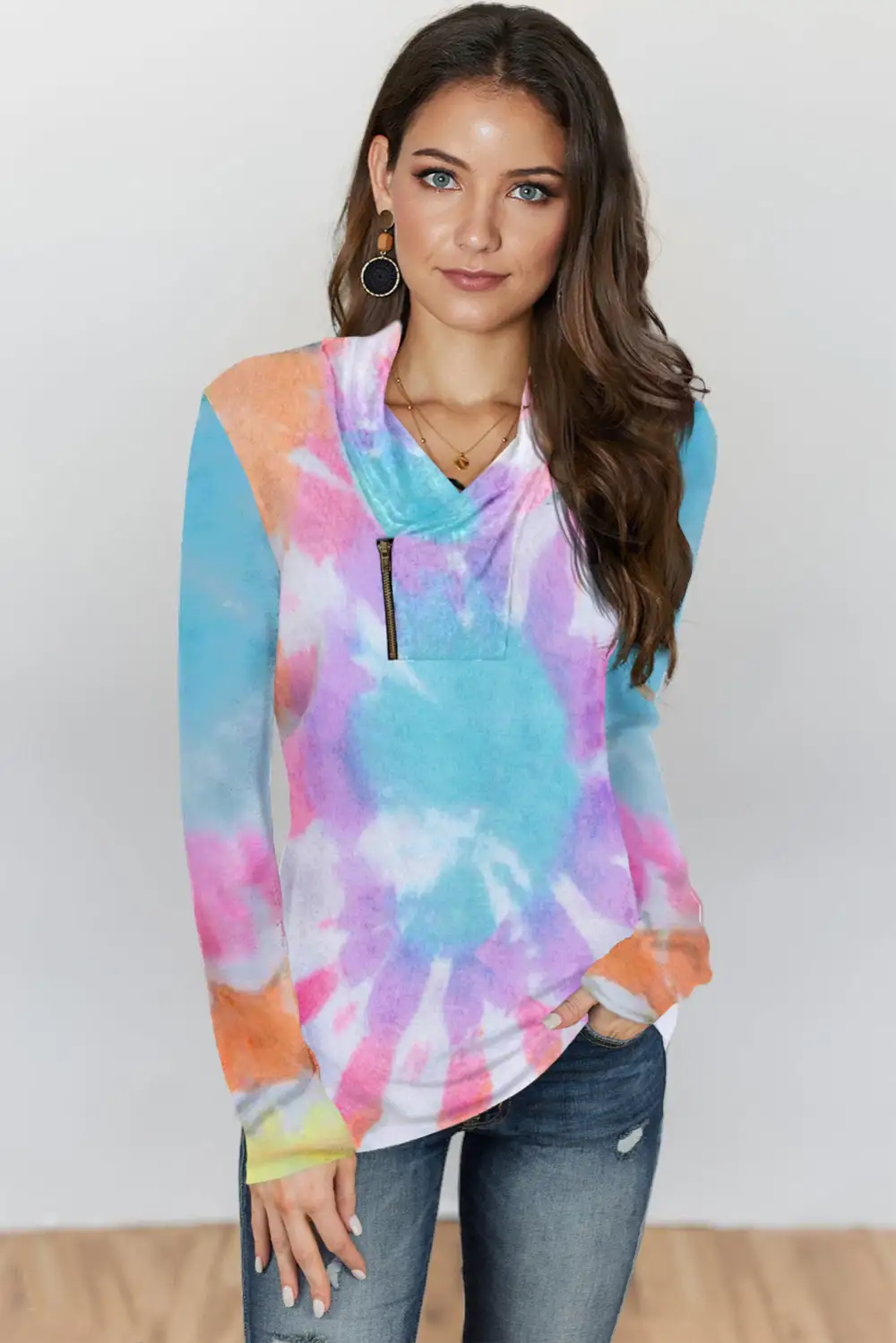 Tie Dye Print Zipper Top