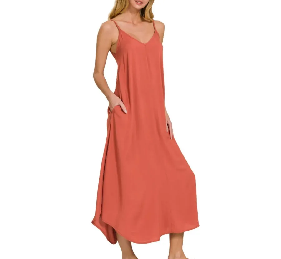 Woven Arc Hem Cami Midi Dress with Flowy Pockets
