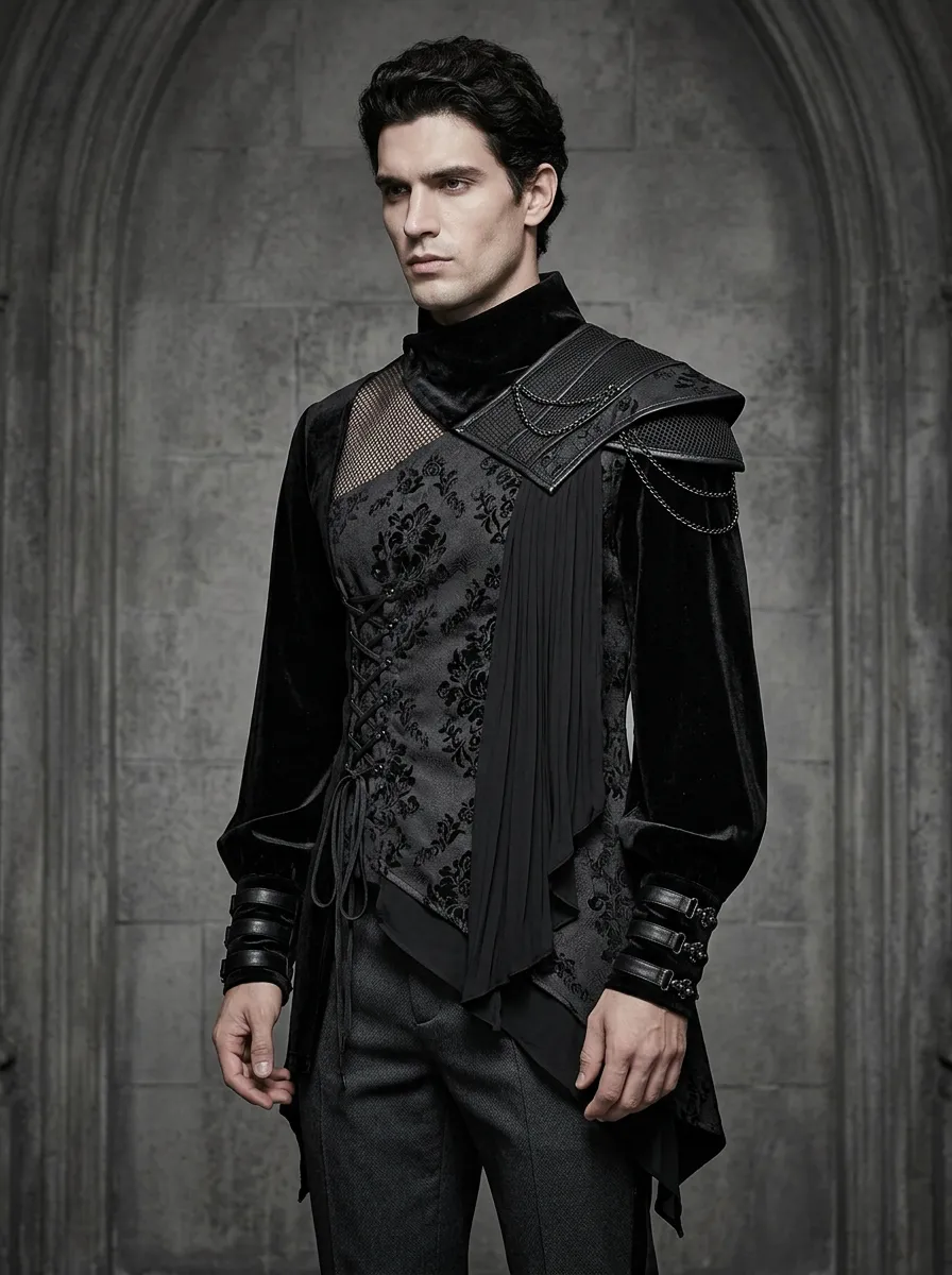 Darkwave Damask Victorian Lace Street Look Men's Gothic Asymmetric Shirt