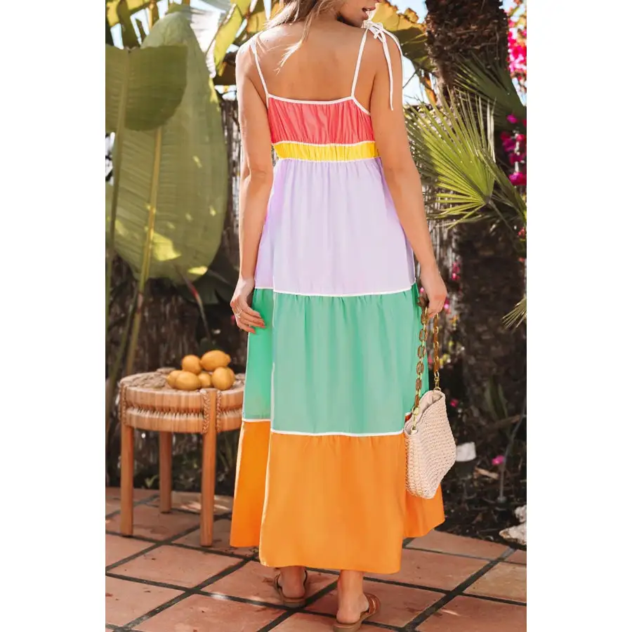 Color Block Flowy Tiered Maxi Dress with Pockets