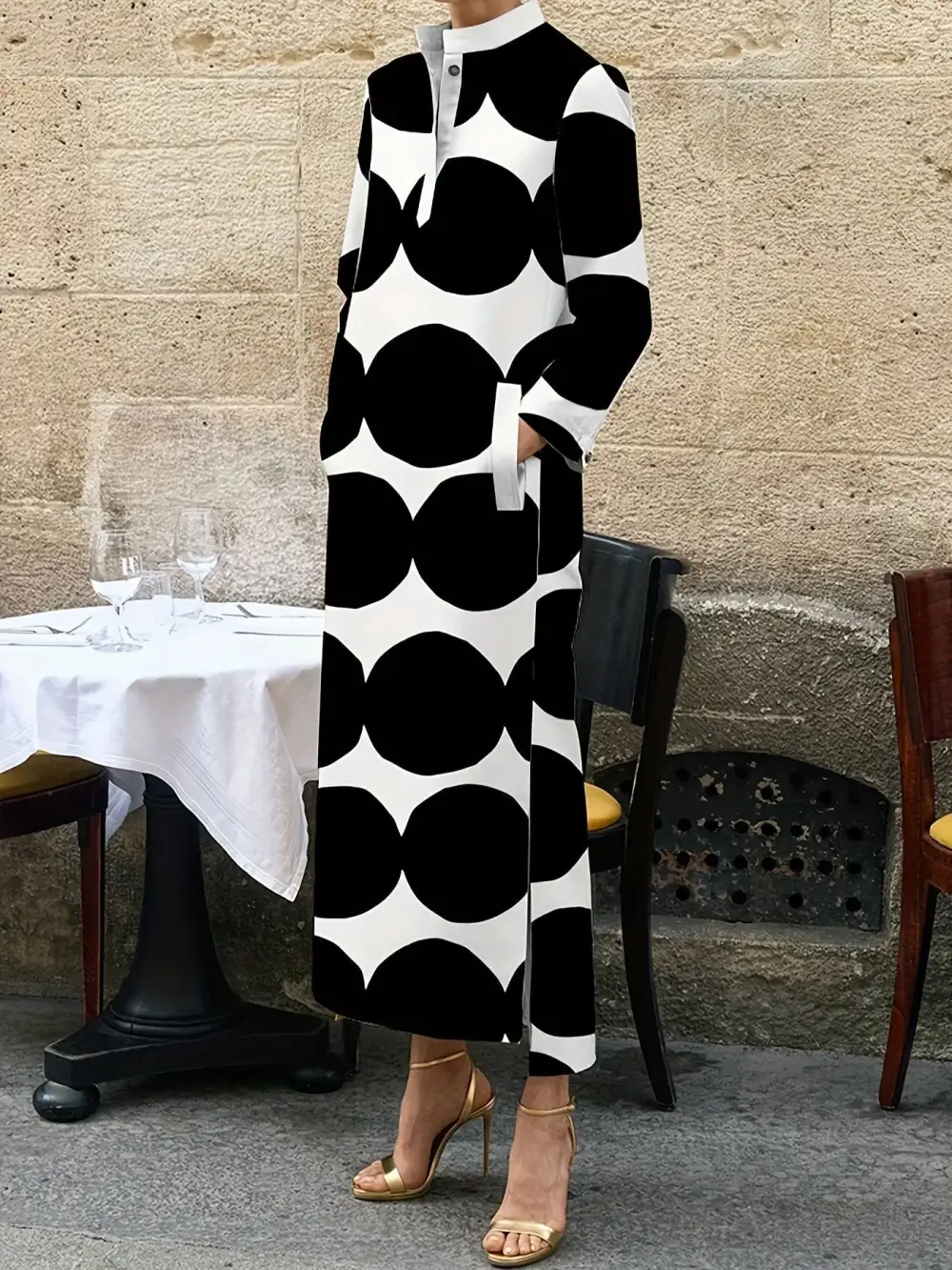 Polka Dot Printed Long Sleeve Midi Dress