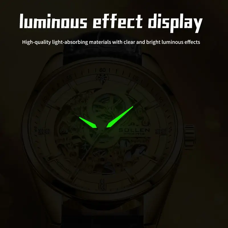 Sollen SL610 Automatic Watch - Men's All-Gold Case Double-Sided Engraved Skeleton Dial Premium Leather Strap Wristwatch