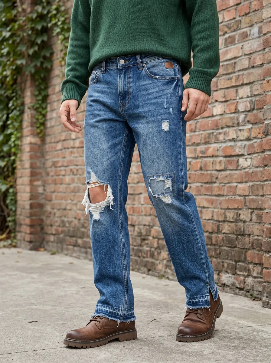 Men's Distressed Ripped Patchwork Raw Hem Denim Jeans