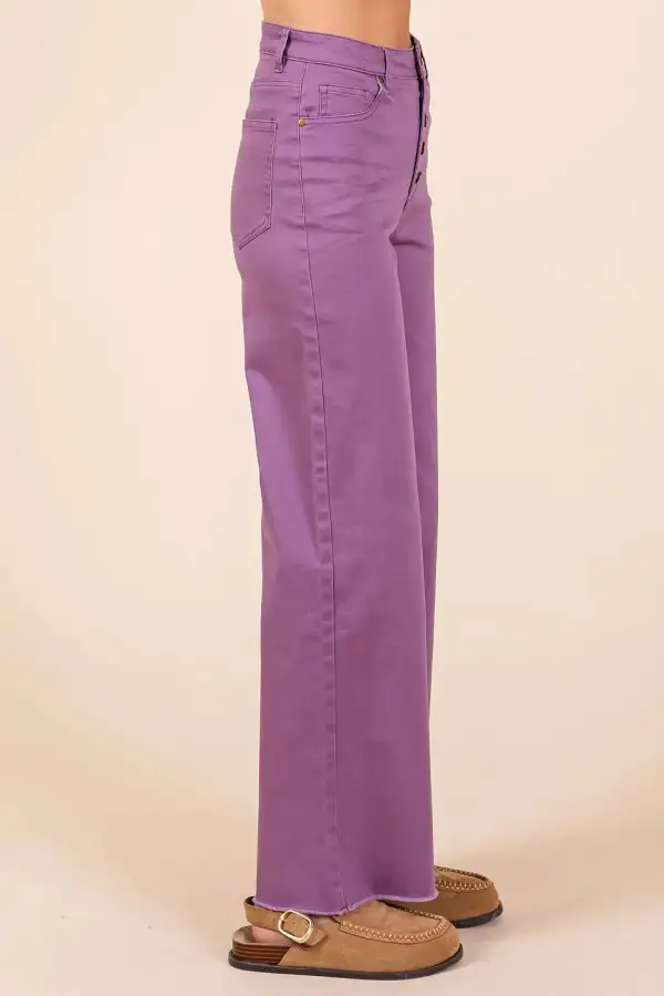 Twill High Waist Button Fly Wide Leg Pants