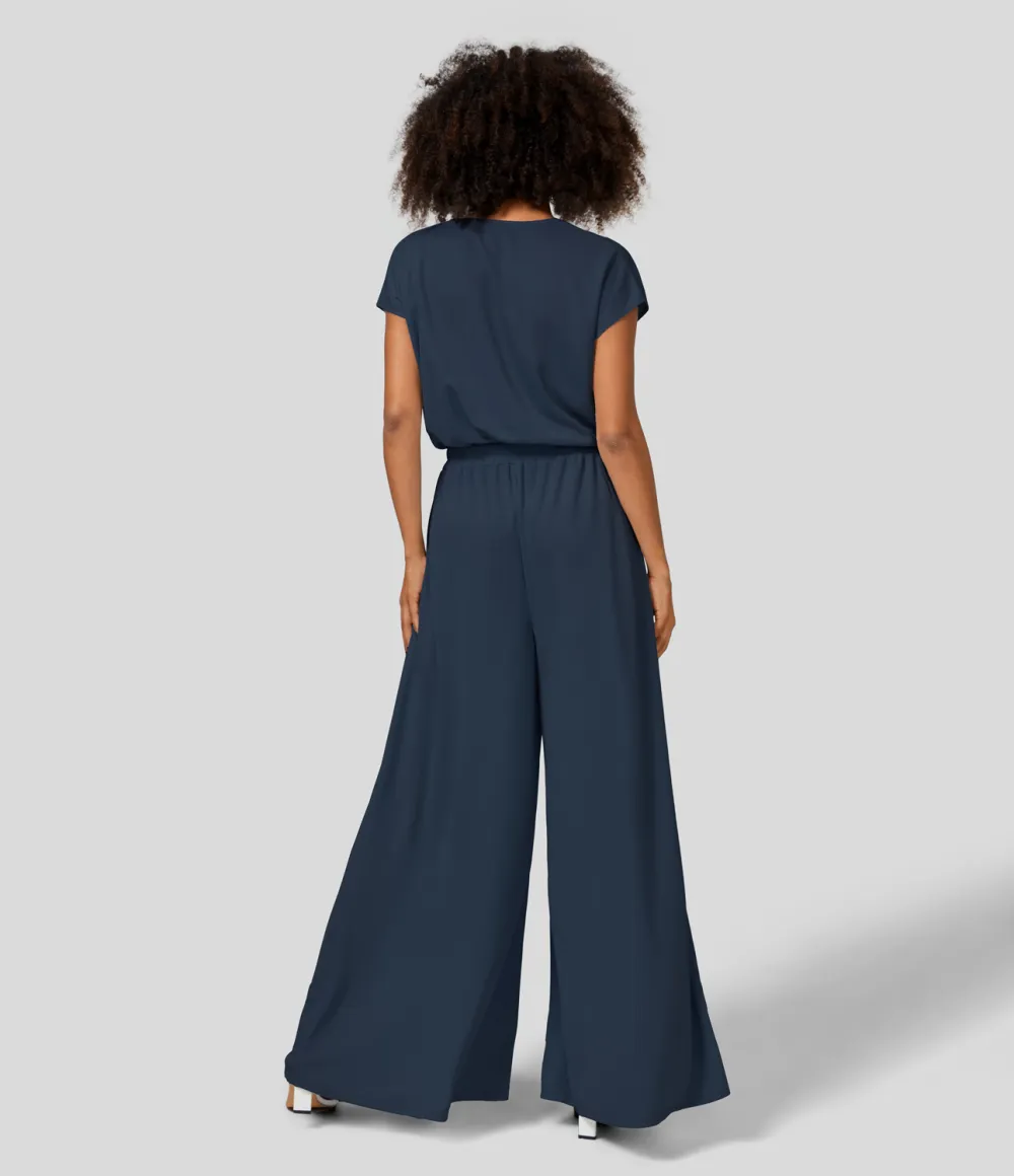 V Neck Short Sleeve Plicated Side Pocket Wide Leg Flowy Waffle Casual Jumpsuit