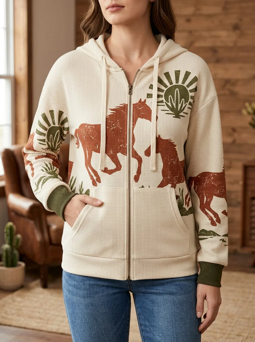 Women's Western Horse Desert Sun Signature Graphic Waffle Zip-Up Hoodie