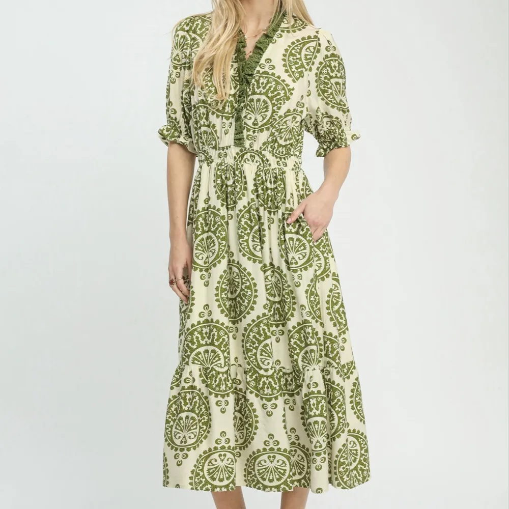 Lace Detail Smocked Tiered Ruffle Detail Dress