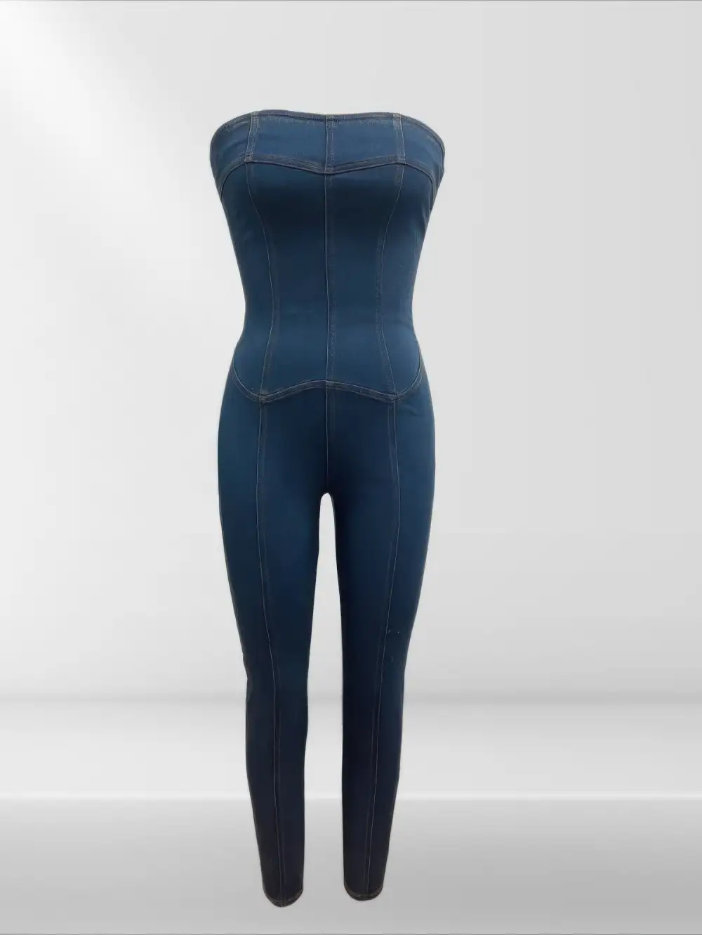 Strapless Denim Jumpsuit Lace Up Back Pants