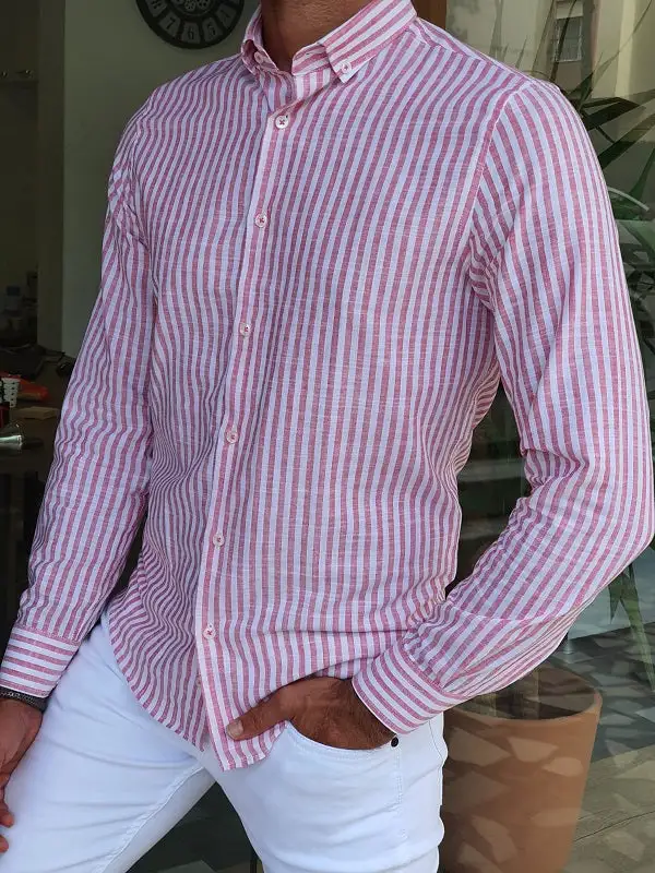 Casual Long Sleeve Slim Fit Striped Cotton Casual Shirt