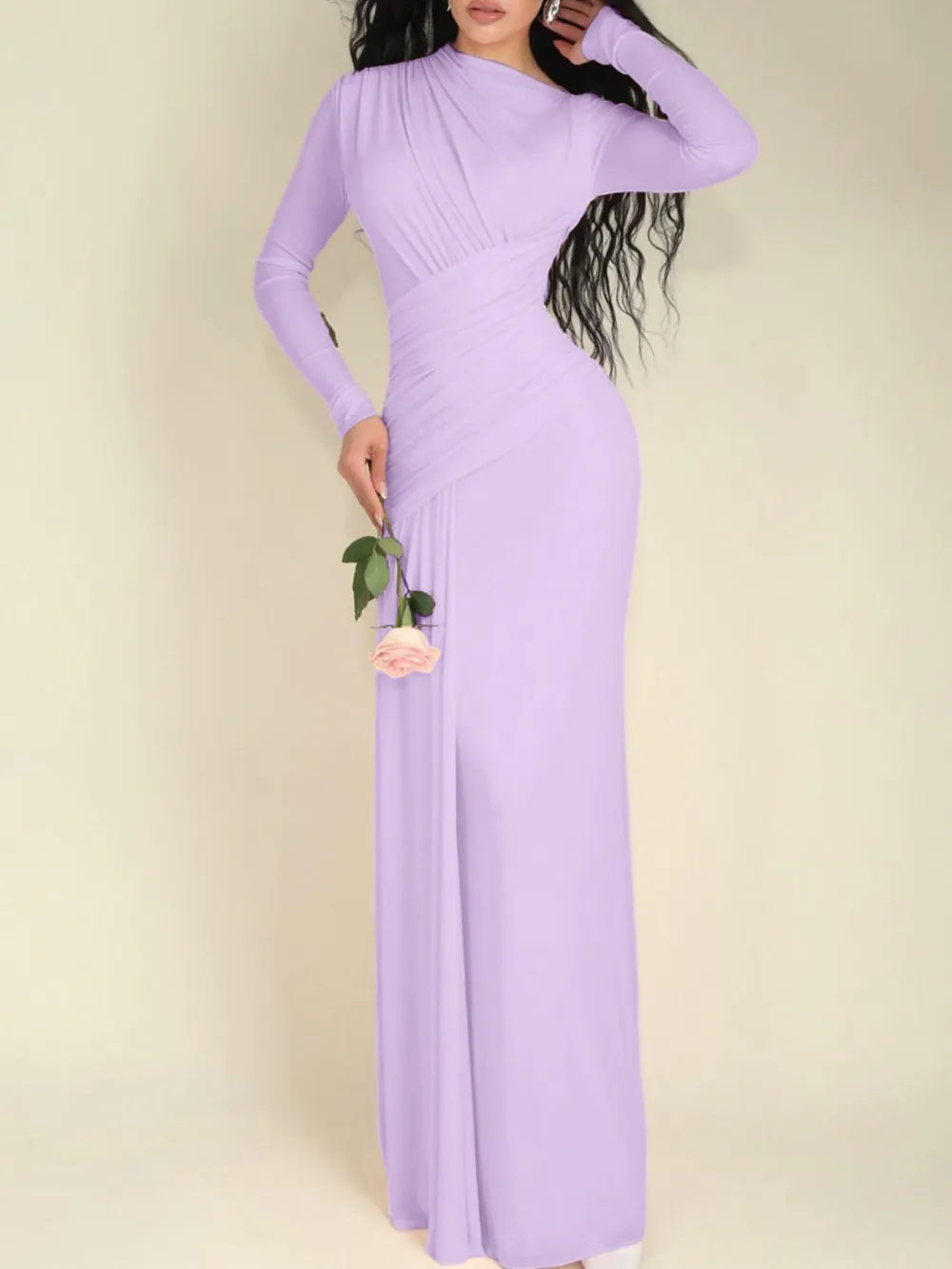 Layered Detail Ruched Long Sleeve Maxi Dress