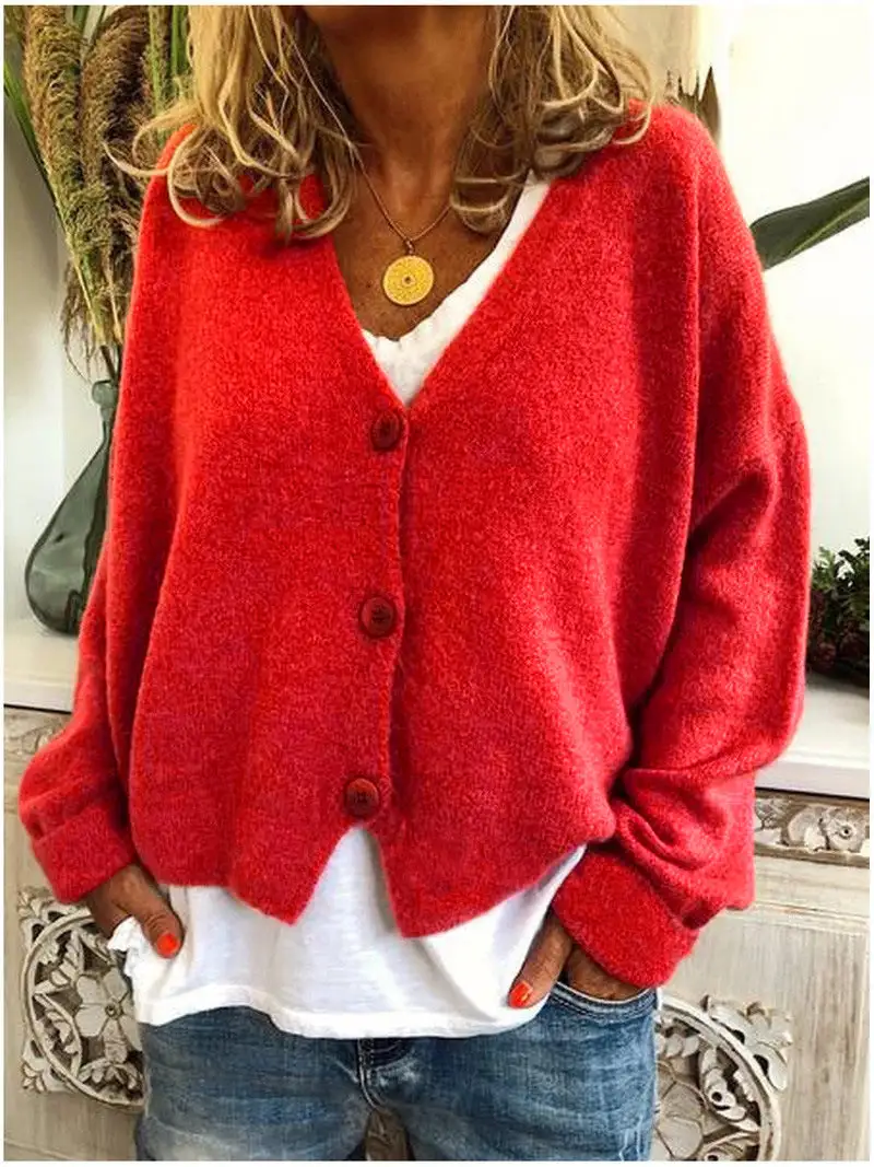  V Neck Button Knit Cardigan