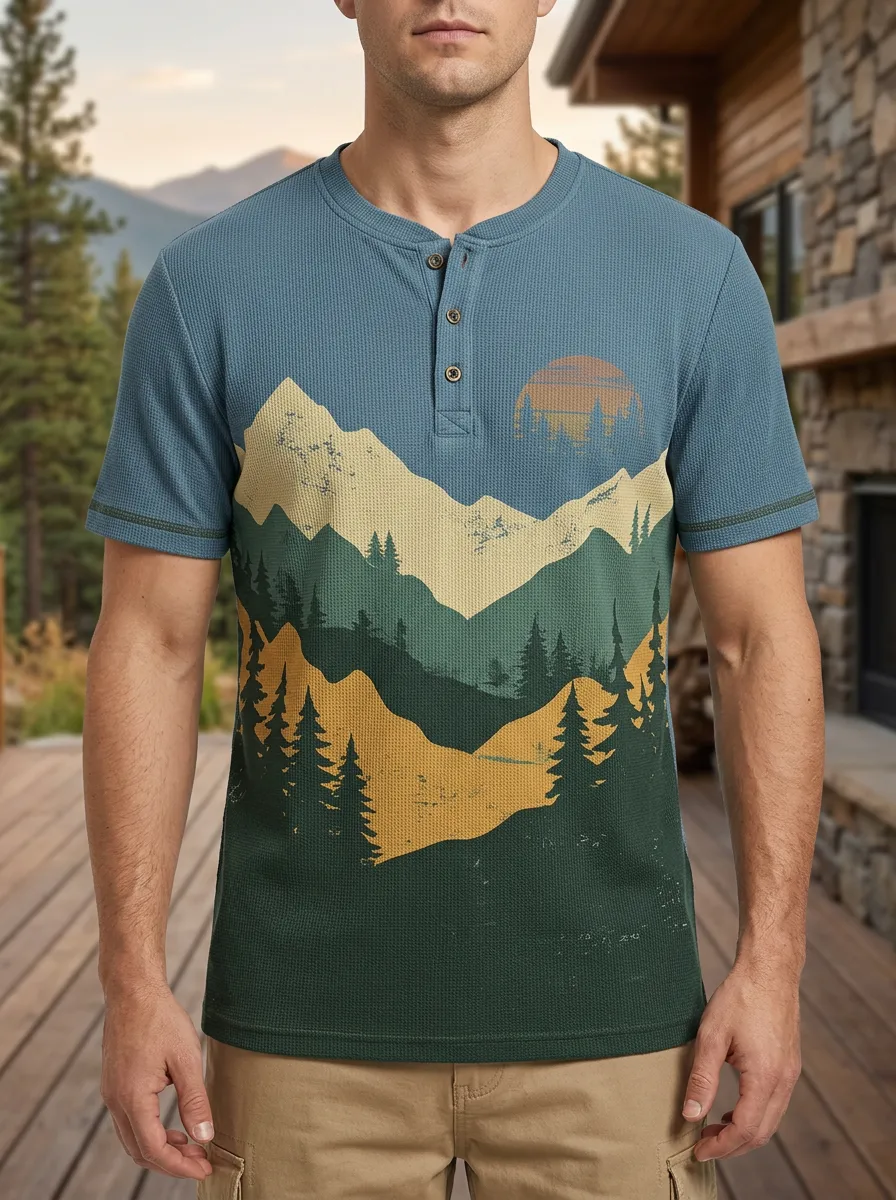 Men's Classic Outdoor Nature Lover Mountain Forest Sunset Henley T-Shirt