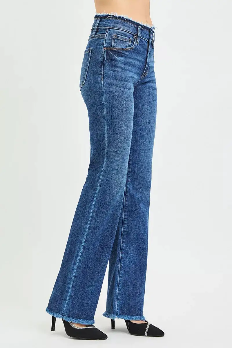 Mid Rise Frayed Hem Bootcut Jeans