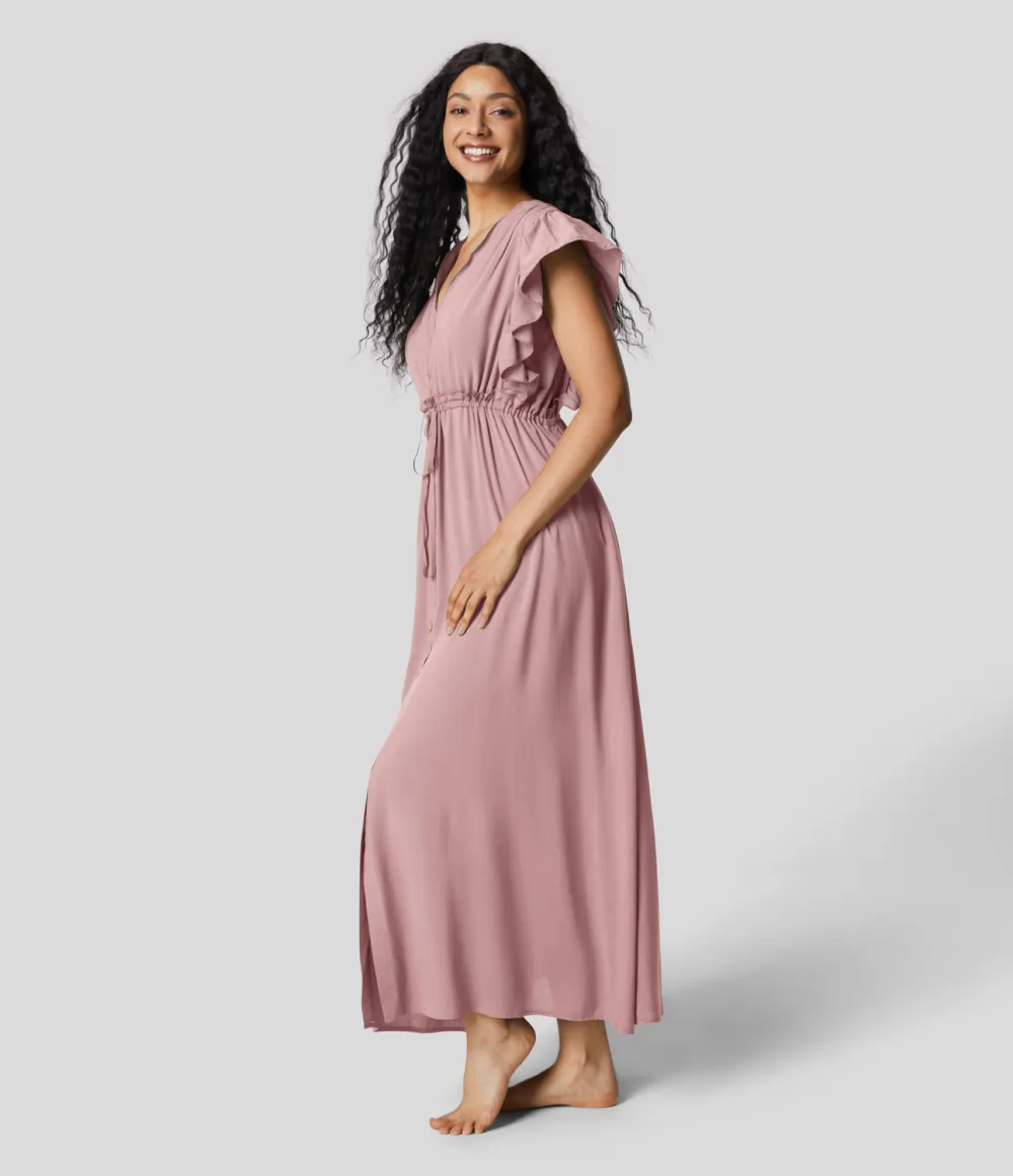 Deep V Neck Butterfly Sleeve Backless Drawstring Button Side Pocket Flowy Maxi Casual Dress