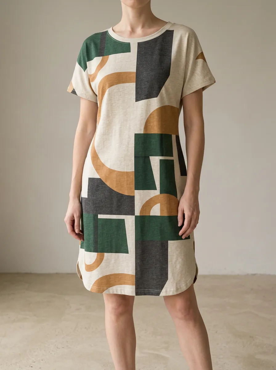 Women's Round Neck Relaxed Geometric Print Shift Dress