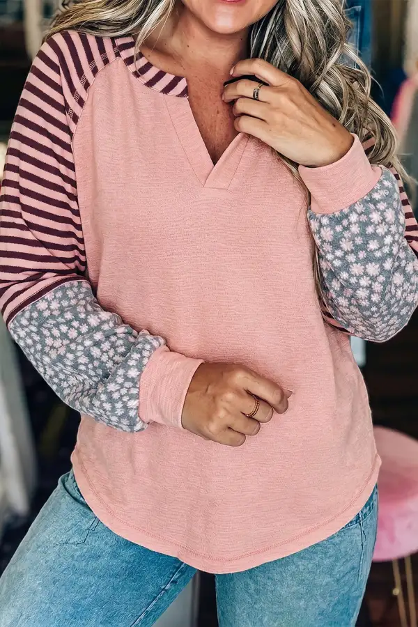 Floral Print V Neck Relaxed Cotton Blend Long Sleeve Top