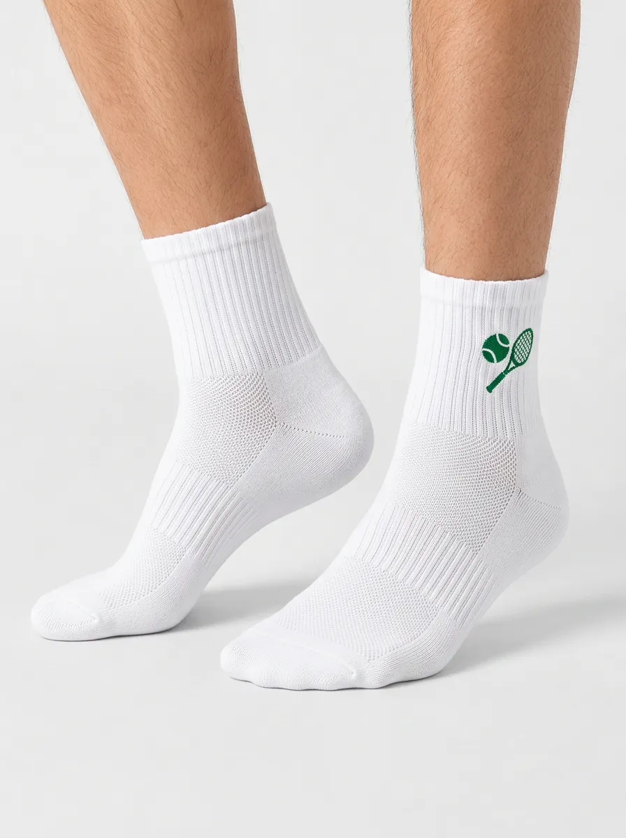 White Tennis Graphic Athletic Ankle Socks