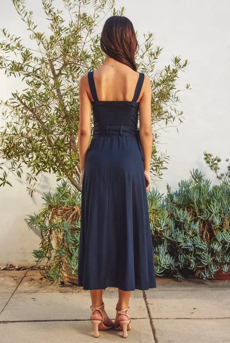 Navy Belted Slit Hem Midi Dress