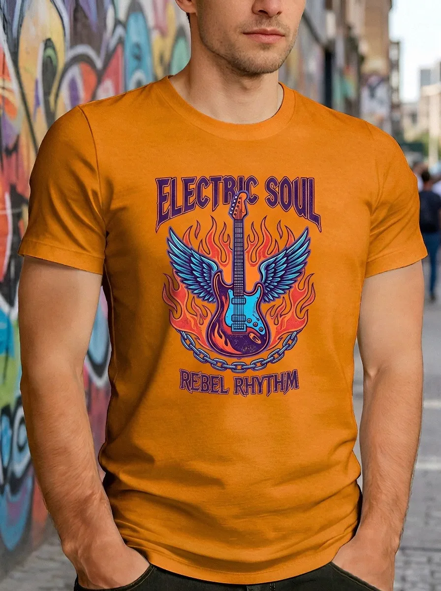 Men's Rock Music Lover Electric Guitar Wings Fire Printed T-shirt