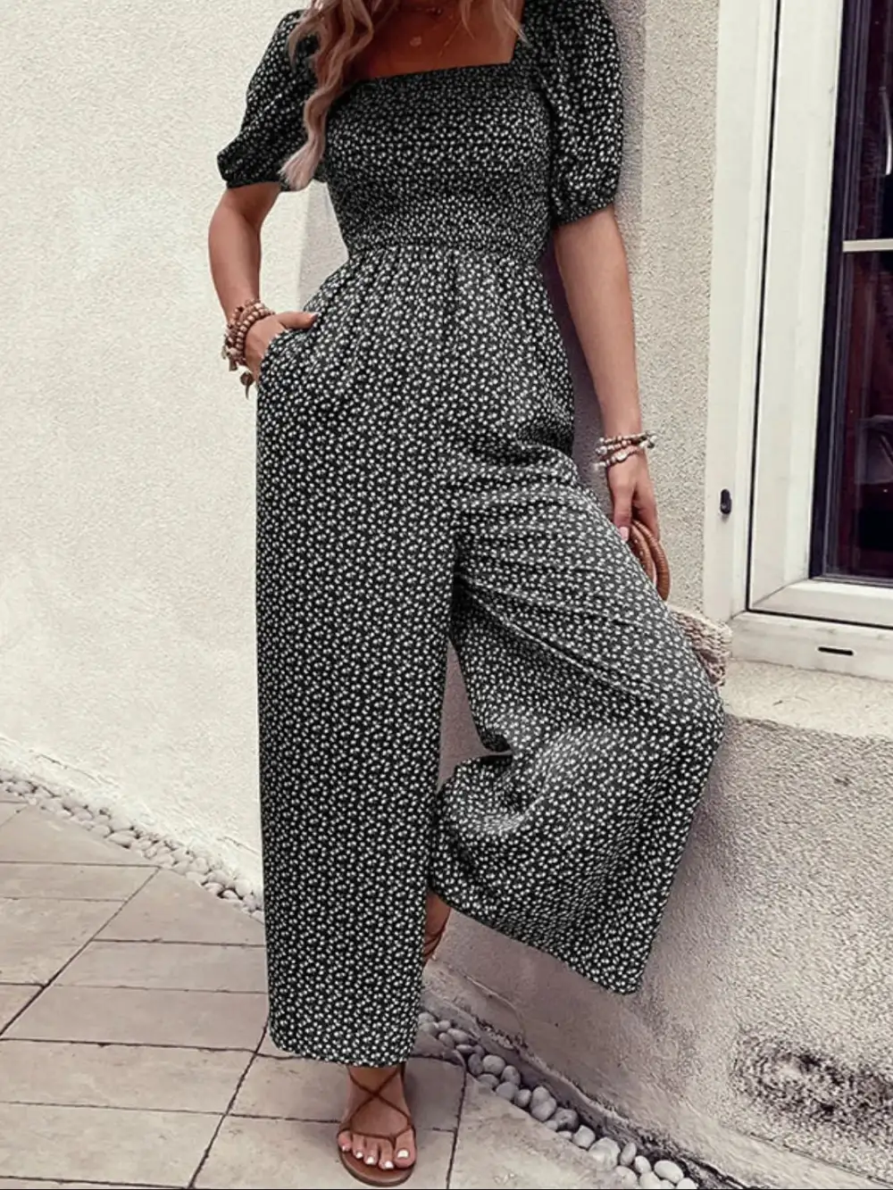 Printed Square Neck Puff Sleeve Everyday Jumpsuit