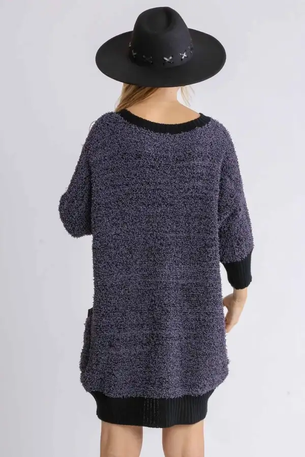 Ribbed Hem Round Neck / Sleeve Sweater Dress with Pockets