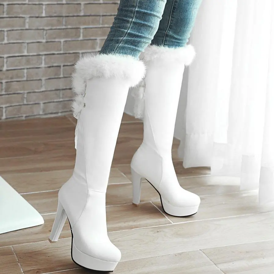 Winter Fuzzy Cuff Chunky High Heeled Knee-High Boots